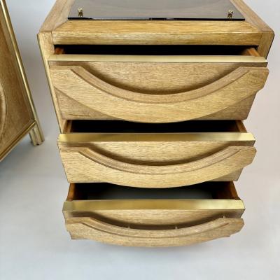 Late 20th Century Pair of Italian Wood Brass Light Brown Glass Night Stands