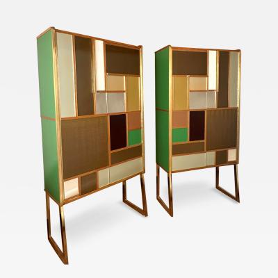 Late 20th Century Pair of Italian Wood Brass Mirror Opaline Glass Cabinets