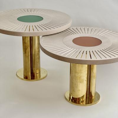 Late 20th Century Pair of Round Ash Wood w Opaline Glass Brass Coffee Tables