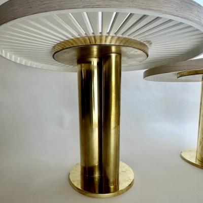 Late 20th Century Pair of Round Ash Wood w Opaline Glass Brass Coffee Tables