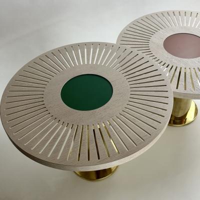 Late 20th Century Pair of Round Ash Wood w Opaline Glass Brass Coffee Tables