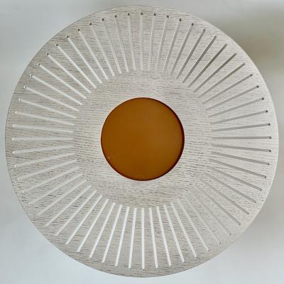 Late 20th Century Pair of Round Ash Wood w Opaline Glass Brass Coffee Tables