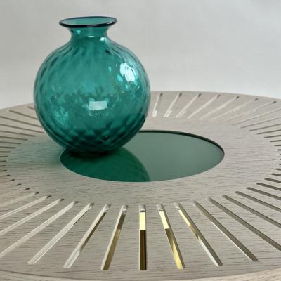 Late 20th Century Pair of Round Ash Wood w Opaline Glass Brass Coffee Tables
