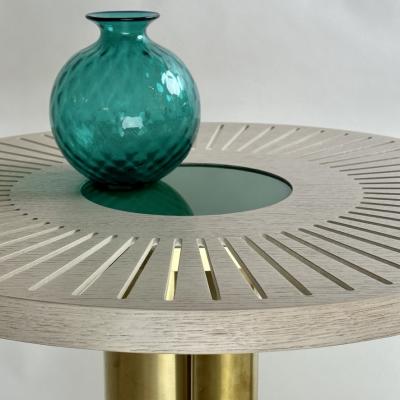 Late 20th Century Pair of Round Ash Wood w Opaline Glass Brass Coffee Tables