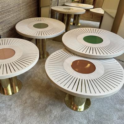 Late 20th Century Pair of Round Ash Wood w Opaline Glass Brass Coffee Tables
