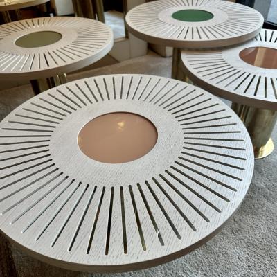Late 20th Century Pair of Round Ash Wood w Opaline Glass Brass Coffee Tables