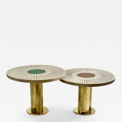 Late 20th Century Pair of Round Ash Wood w Opaline Glass Brass Coffee Tables