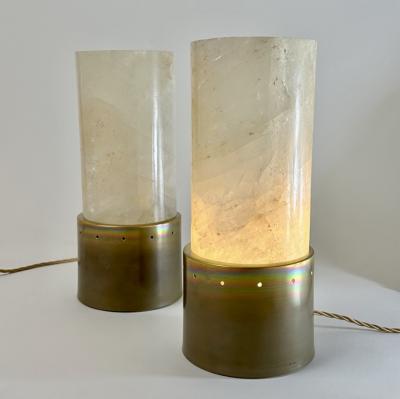 Late 20th Century Pair of Round Brass White Rock Crystal Stone Table Lamps