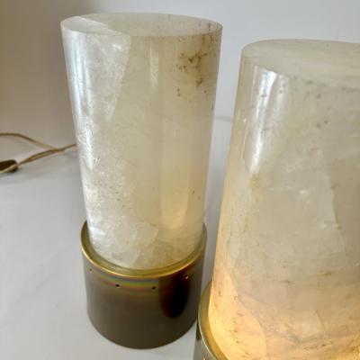 Late 20th Century Pair of Round Brass White Rock Crystal Stone Table Lamps