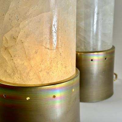 Late 20th Century Pair of Round Brass White Rock Crystal Stone Table Lamps