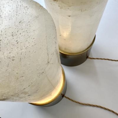 Late 20th Century Pair of Round Brass White Rock Crystal Stone Table Lamps