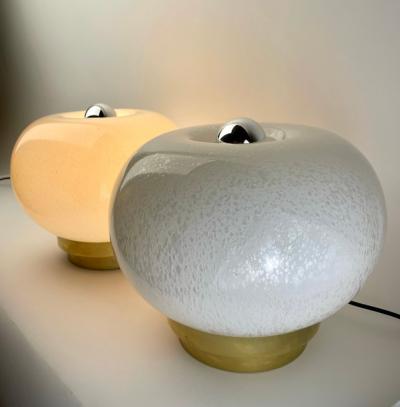 Late 20th Century Pair of Round White Murano Art Glass Brass Table Lamps