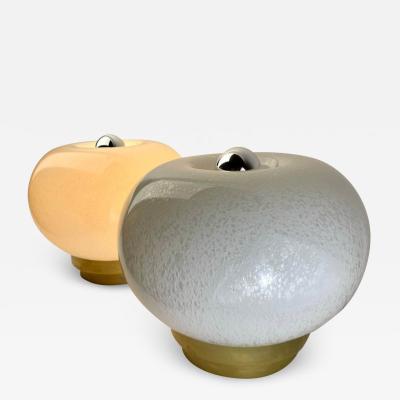 Late 20th Century Pair of Round White Murano Art Glass Brass Table Lamps