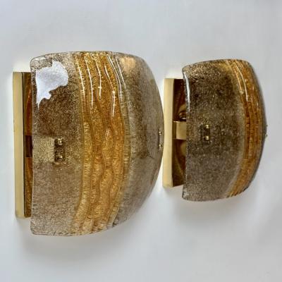 Late 20th Century Pair of Squared Brass and Amber Murano Glass Sconces