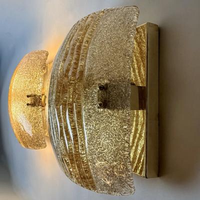 Late 20th Century Pair of Squared Brass and Amber Murano Glass Sconces