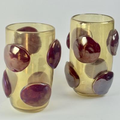 Late 20th Century Pair of Transparent Gold Murano Glass Vases w Red Applications