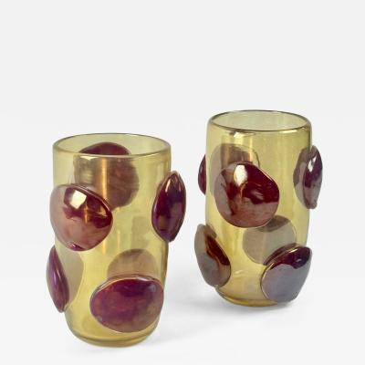 Late 20th Century Pair of Transparent Gold Murano Glass Vases w Red Applications