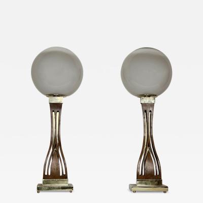 Late 20th Century Pair of Walnut Brass Faded Blown Murano Glass Table Lamps