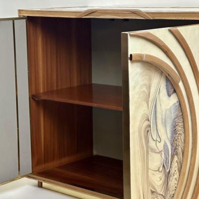 Late 20th Century Pair of White Murano Art Glass Wood w Brass Details Cabinets