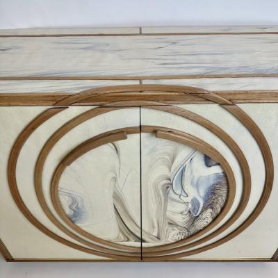 Late 20th Century Pair of White Murano Art Glass Wood w Brass Details Cabinets