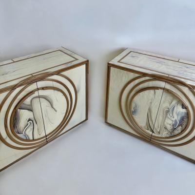 Late 20th Century Pair of White Murano Art Glass Wood w Brass Details Cabinets