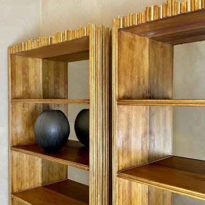 Late 20th Century Pair of Wood Brass Breadsticks Bookcases w Bronzed Mirrors