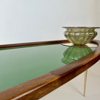 Late 20th Century Wood Brass Green Opaline Glass Amorphous Shape Coffee Table