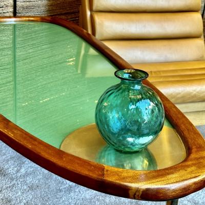 Late 20th Century Wood Brass Green Opaline Glass Amorphous Shape Coffee Table