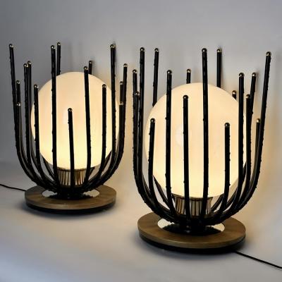 Late20th Century Pair of Black Iron Brass Opaline Glass Brutalist Table Lamps