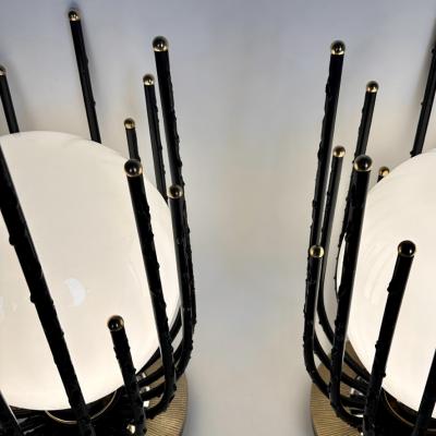 Late20th Century Pair of Black Iron Brass Opaline Glass Brutalist Table Lamps