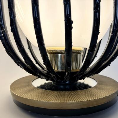 Late20th Century Pair of Black Iron Brass Opaline Glass Brutalist Table Lamps