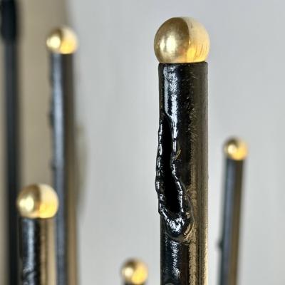 Late20th Century Pair of Black Iron Brass Opaline Glass Brutalist Table Lamps