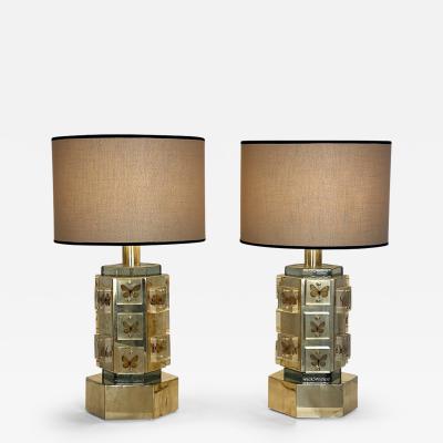 Late20th Century Pair of Hexagonal Brass Butterflies Murano Glass Table Lamps