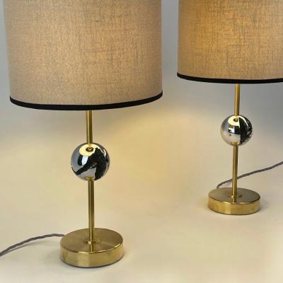 Late20th Century Pair of Italian Sculptural Nickel Brass Table Lamps w Shades