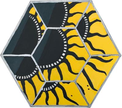 Laurence Calabuig ENDLESS REFLECTIONS GREEN YELLOW POLYNESIAN SUN ART DECO Hexagonal painting