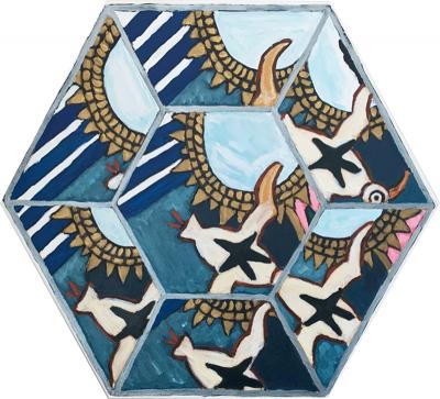 Laurence Calabuig ENDLESS REFLECTIONS LA ROUE DE LA FORTUNE TATOOED BIRD Hexagonal painting