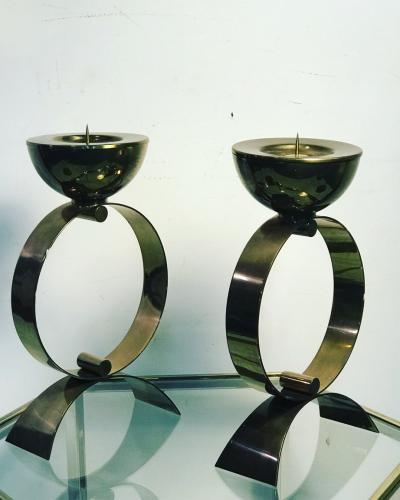 Lavoazione Artigiana ITALIAN MODERNIST PAIR OF BRASS CANDLESTICKS