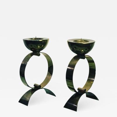 Lavoazione Artigiana ITALIAN MODERNIST PAIR OF BRASS CANDLESTICKS
