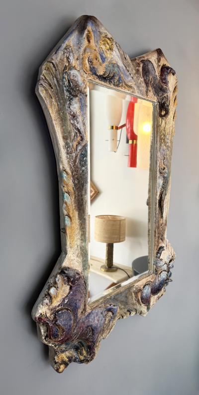 Leandro Sciutto Ceramic Enameled Sculpture Mirror by Leandro Sciutto Italy 1940s