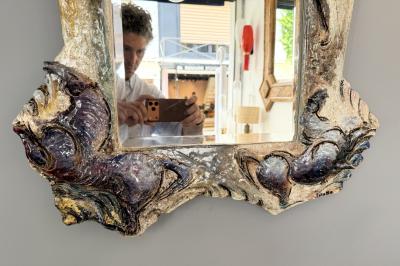 Leandro Sciutto Ceramic Enameled Sculpture Mirror by Leandro Sciutto Italy 1940s