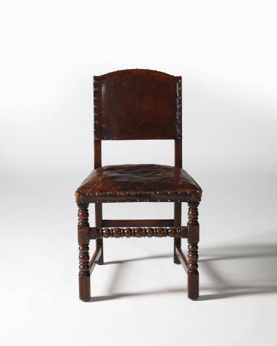 Leather Brass and Walnut Side Chair Spain 19th C