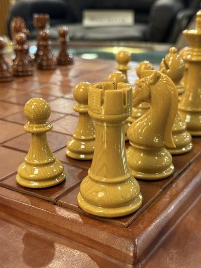 Leather Chess Set with Carved Wooden Pieces Italy 1960s 1970s