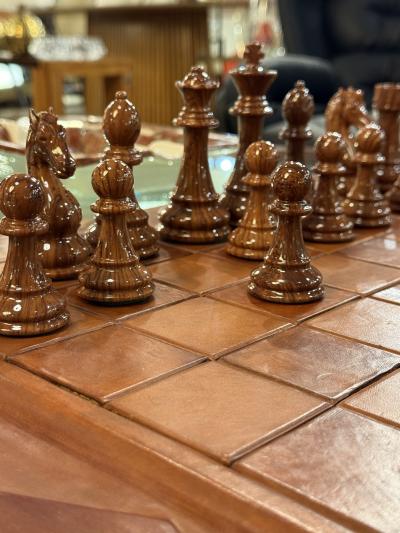 Leather Chess Set with Carved Wooden Pieces Italy 1960s 1970s