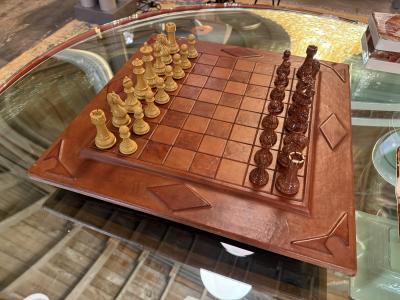 Leather Chess Set with Carved Wooden Pieces Italy 1960s 1970s