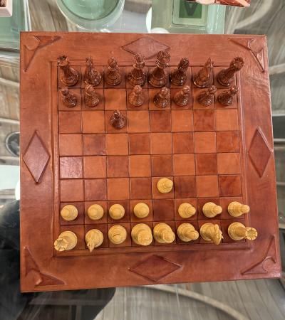 Leather Chess Set with Carved Wooden Pieces Italy 1960s 1970s
