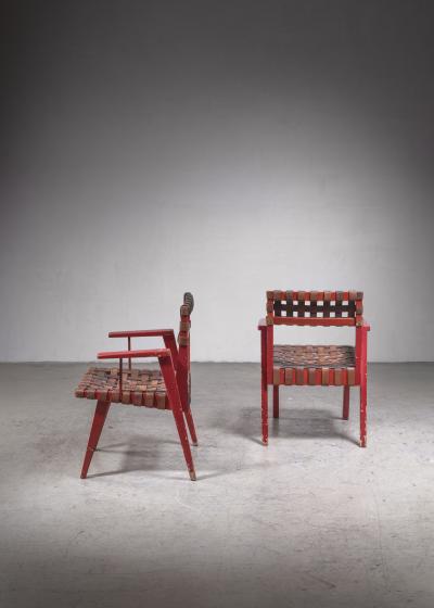 Leather Webbed Chairmaster Chairs with Red Lacquered Frame USA 1950s