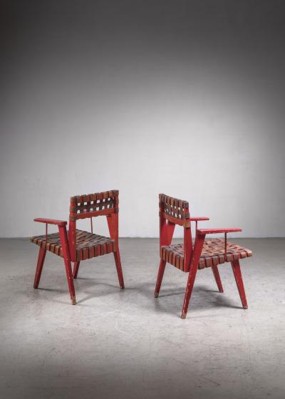 Leather Webbed Chairmaster Chairs with Red Lacquered Frame USA 1950s