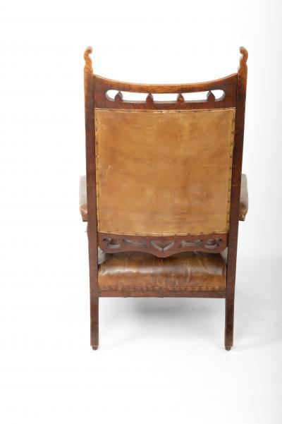 Leather and Oak Gothic Style Armchairs England 19th Century