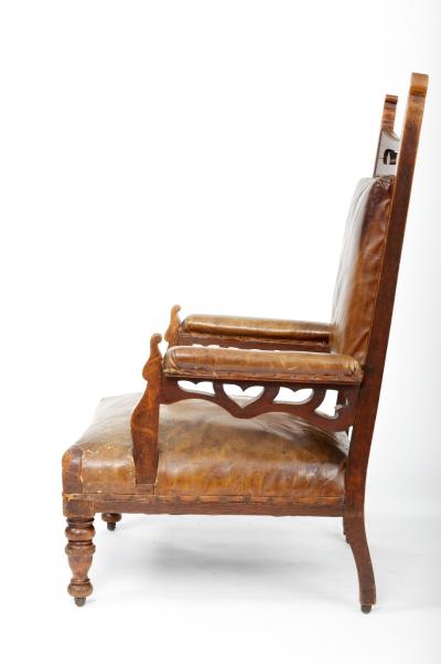 Leather and Oak Gothic Style Armchairs England 19th Century