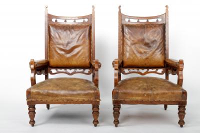 Leather and Oak Gothic Style Armchairs England 19th Century